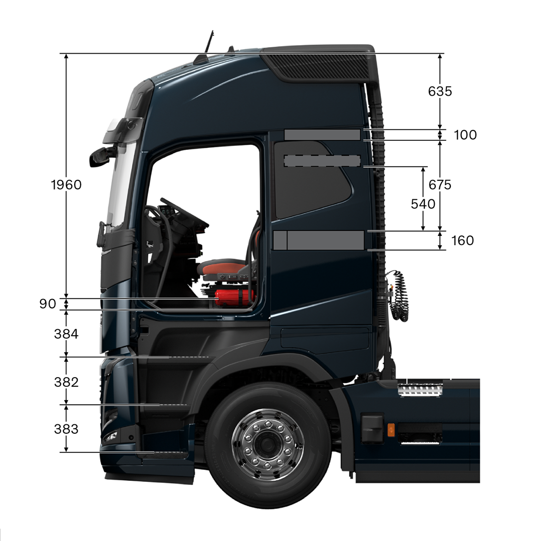 Volvo FH16 globetrotter cab with measurements, viewed from the side